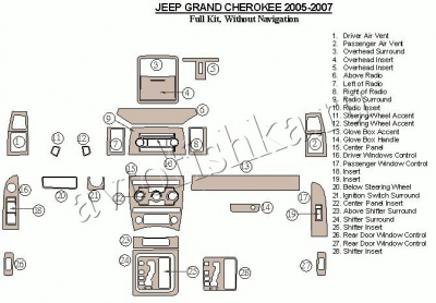 Декоративные накладки салона Jeep Grand Cherokee 2005-2007 полный набор, без навигации
